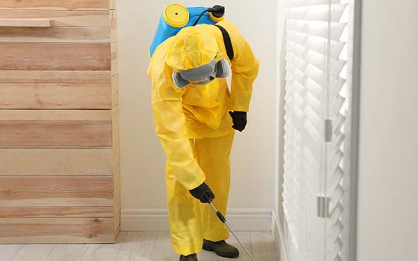 Someone in a yellow hazard suit doing pest control indoors.